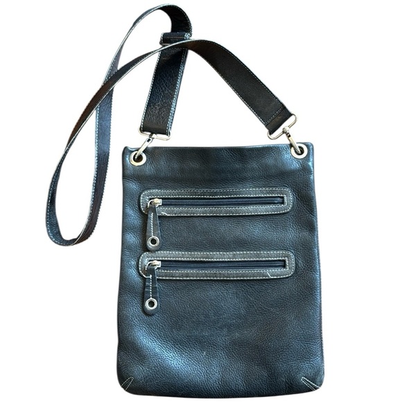 Black Pebbled Leather Crossbody Shoulder Bag Adjustable Secure Silver Italian - Picture 1 of 16